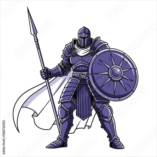 Powerful fantasy guardian knight in purple plate armor holding a spear and shield, isolated vector character illustration. 5
