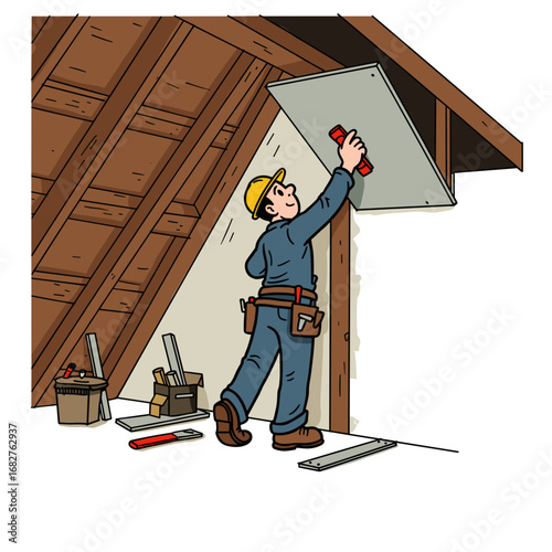 Man installing drywall in attic while using tools for repair  
