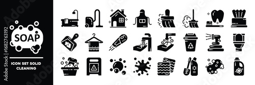 Cleaning Solid Icon Set Featuring Tools and Supplies Illustrations.