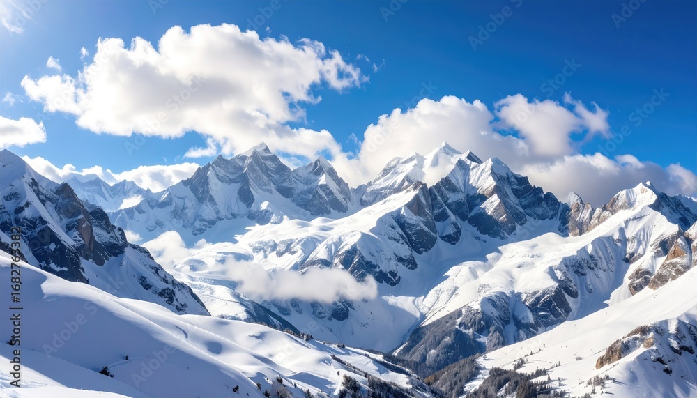 Fototapeta premium Snow-covered mountain range against a bright blue sky with fluffy white clouds, highlighting the peaks and valleys