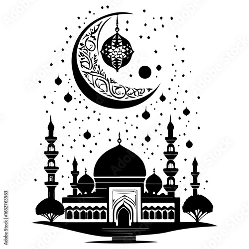 Stylized islamic illustration featuring mosque minarets with crescent moon and lantern floating