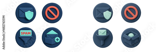 Email security and spam filtering icons with shield and prohibition signs. Modern 3D Icon Set
