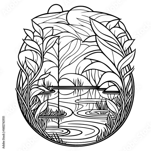 Stylized landscape with waterside plants in an oval composition provides calm aesthetic appeal