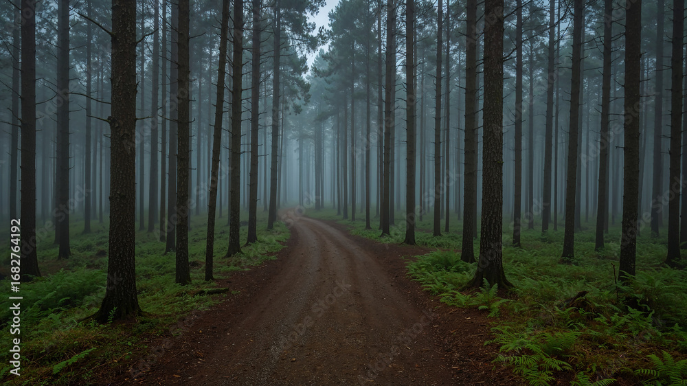 Fototapeta premium Fog-Covered Path Among Tall Pine Trees in Marshland