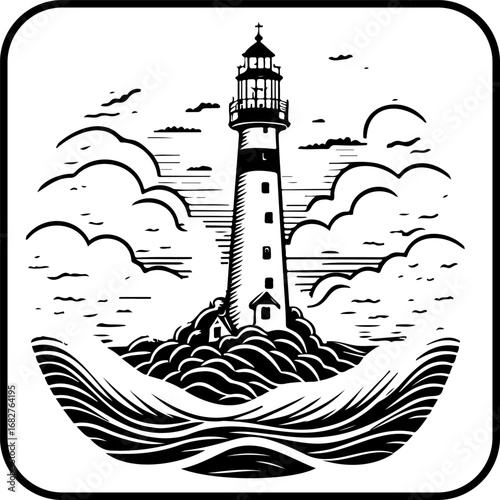 Stylized lighthouse illustration standing tall amid coastal waves and picturesque clouds creating
