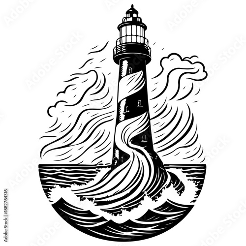 Stylized lighthouse vector graphic with swirling clouds evoking maritime navigation coastal safety