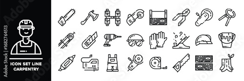 Carpentry Line Icons Set Featuring Tools, Equipment, and Safety Gear for Woodworking.