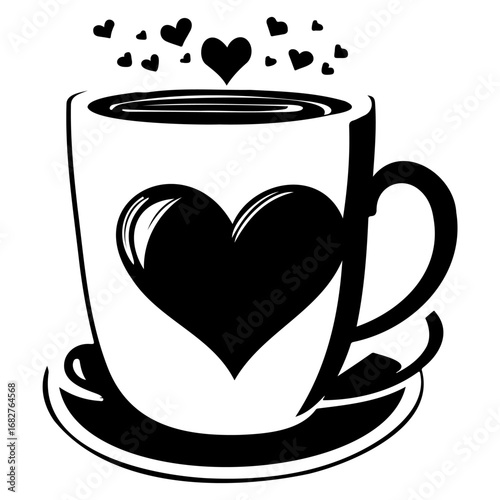 Stylized monochromatic cup illustration exhibiting heart symbol and floating hearts for festive