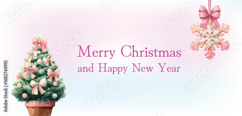 Merry Christmas and New Year banner with Christmas tree and snowflake decoration. Watercolor Christmas tree decorated with balls and Christmas decor in the form of snowflakes. 