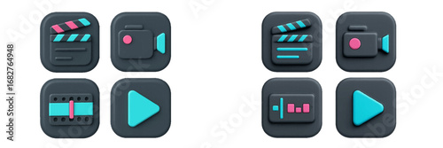 Modern icons for video editing and media playback. Modern 3D Icon Set
