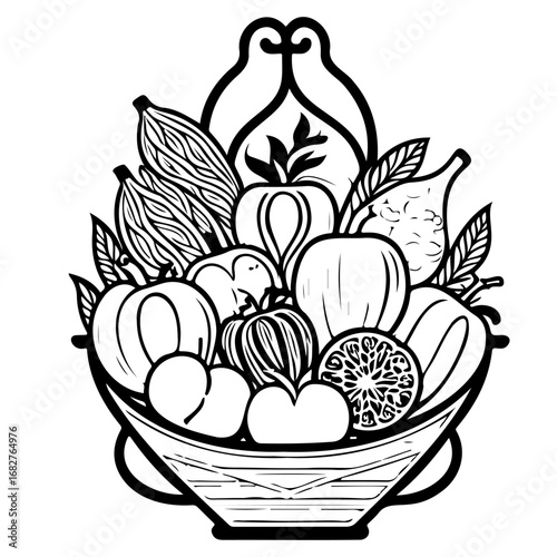 Stylized monochrome illustration of a bountiful harvest basket filled with diverse fruits and
