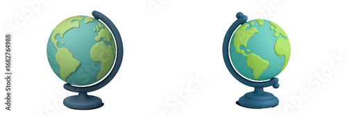 Stylized globe on stand with green continents and blue ocean. Modern 3D Icon Set