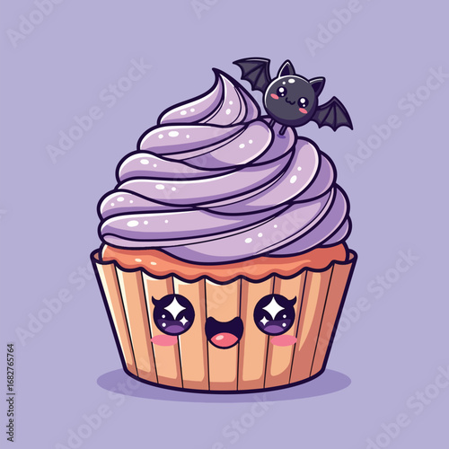 Cute cupcake topped with purple frosting and a small bat sitting on top, against a pastel purple backdrop, evokes a whimsical and spooky halloween theme.