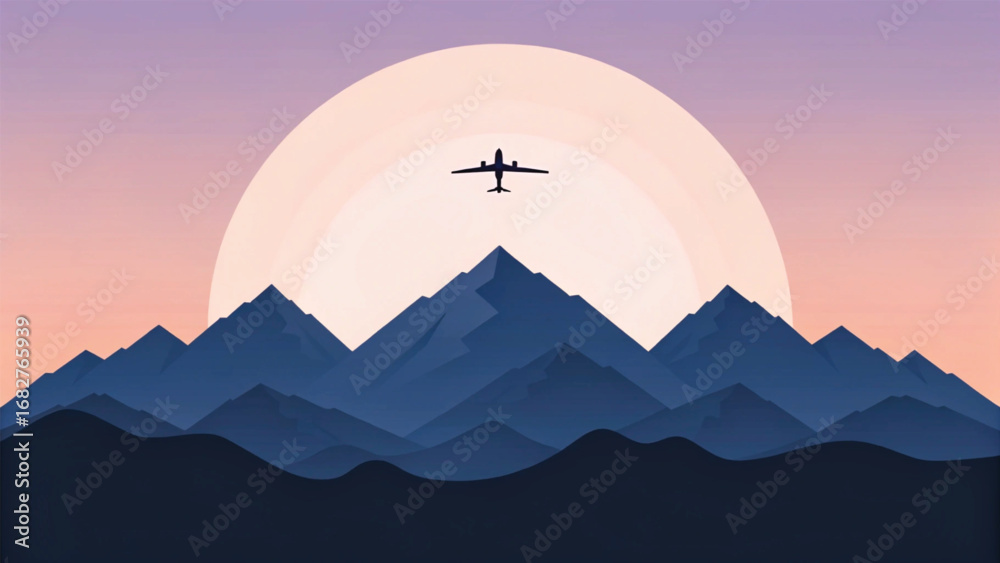 Obraz premium Airplane flying over mountains at sunset aircraft travel