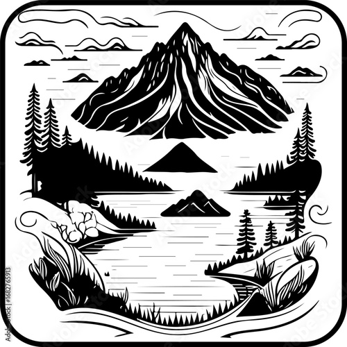 Stylized mountainous landscape illustration showcasing the tranquility of nature and the majestic