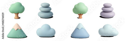 Pastel nature elements: trees, mountains, clouds, stacked stones. Modern 3D Icon Set