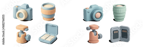Stylized photography equipment: cameras, lenses, tripods, memory cards. Modern 3D Icon Set