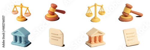 Scales of justice, gavel, courthouse, document icons. Modern 3D Icon Set
