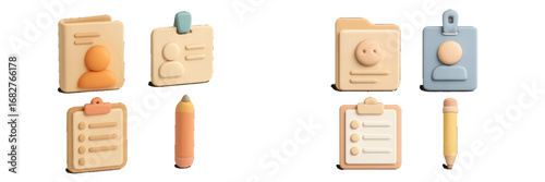Pastel 3D icons for supplies and identification badges. Modern 3D Icon Set