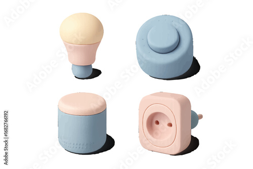 Pastel electrical components light bulb socket cylindrical objects neutral background. Modern 3D Icon Set