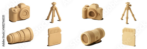 Digital camera, lens, tripod, and memory card equipment. Modern 3D Icon Set