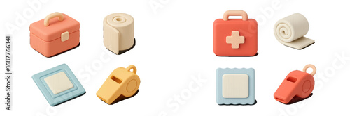 Medical kit, bandage, and whistle symbols with subtle shadows. Modern 3D Icon Set