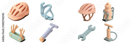 Cycling gear: helmet, water bottle holder, multi-tool, pump, wrenches. Modern 3D Icon Set