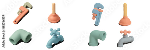Plumbing Tools and Fixtures Set. Modern 3D Icon Set