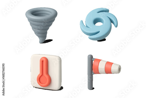 Extreme weather symbols: tornado, hurricane, thermometer, windsock. Modern 3D Icon Set