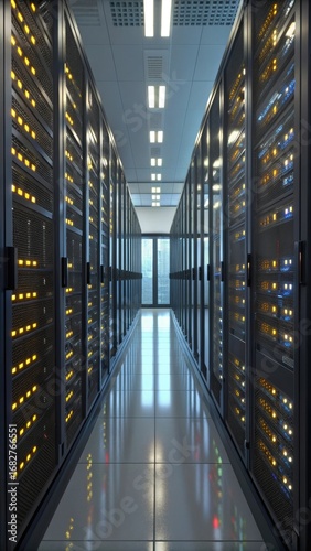 Data center server room interior with racks rows featuring shiny floor and modern technology illumination providing secure and reliable hosting environment
