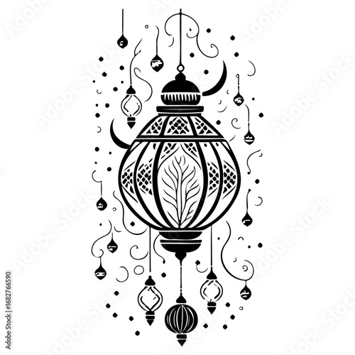 Stylized ornamental lantern artwork exhibiting eastern flair hanging with ornate design and