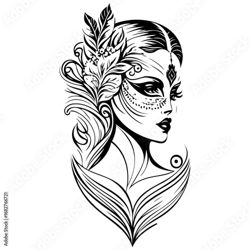 Stylized ornate woman's profile with feathered decoration is a captivating illustration for