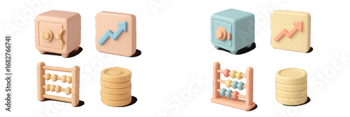 Financial symbols: safe, abacus, coins, upward trend graph. Modern 3D Icon Set