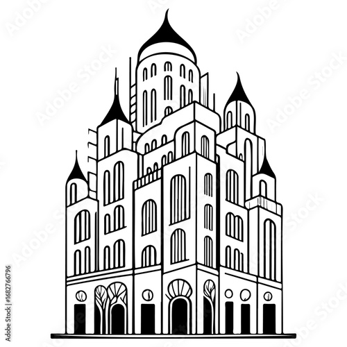 Stylized rendering of a high rise architectural marvel with dome silhouette and complex details