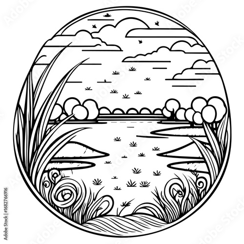 Stylized serene landscape illustration featuring a peaceful lake scene beneath fluffy clouds and