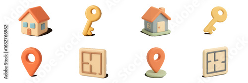 Real estate icons for property search, featuring houses, keys, map pins, and floor plans. Modern 3D Icon Set