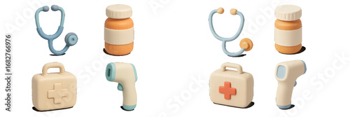 Medical equipment icons: stethoscope, pill bottle, first aid kit, thermometer. Modern 3D Icon Set
