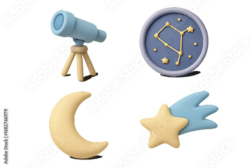 Celestial objects and astronomical tools, telescope, moon, stars, constellation. Modern 3D Icon Set