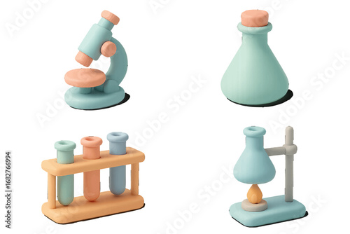 Microscope and laboratory glassware with colorful liquids for science experiment. Modern 3D Icon Set