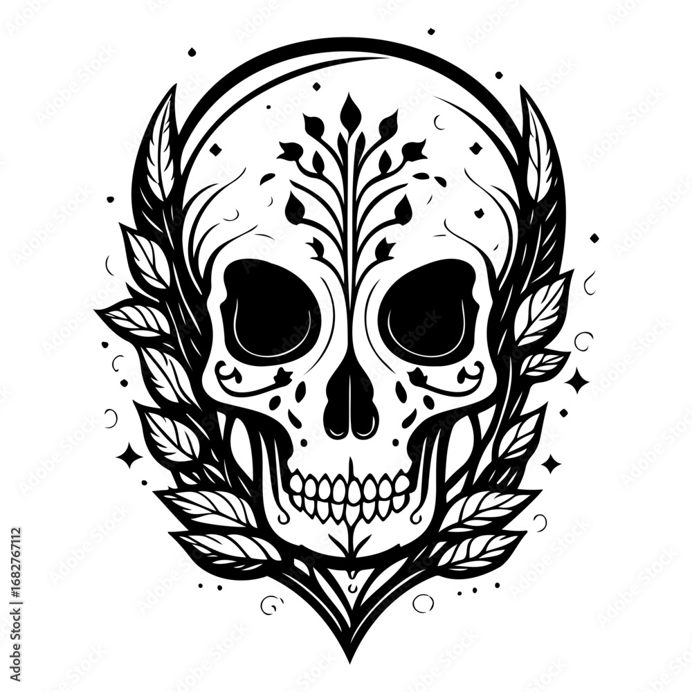 Obraz premium Stylized skull adorned with botanical elements an artistic representation of mortality and nature
