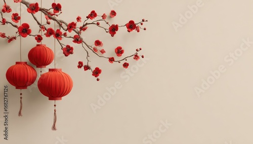 Peach blossoms and lanterns on a beige wall