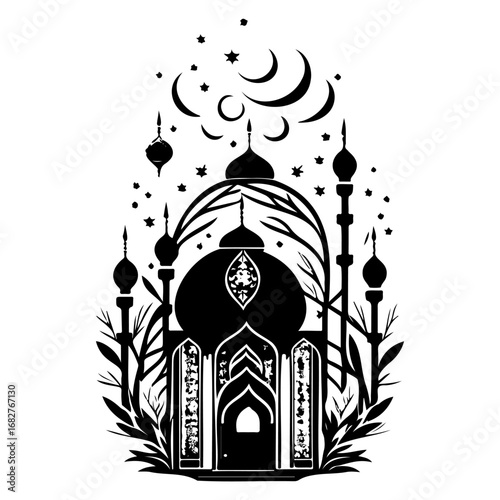 Stylized silhouette of a mosque under a celestial canopy in minimalist black and white design