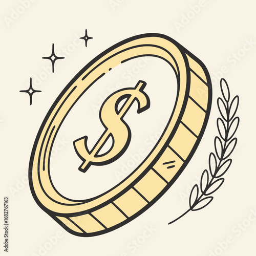 Handdrawn illustration of a golden coin featuring a dollar sign detailed texture and isometric perspective.