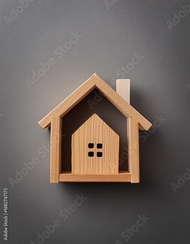 Wooden decorations in shape of house on gray background with copy space.Generated image