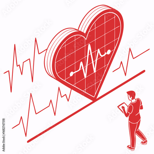 Isometric Red Heart with ECG Grid and Heartbeat Line Illustration.