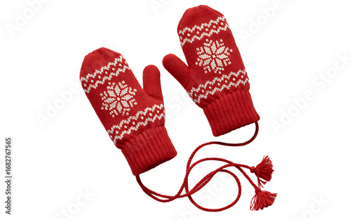 Red knitted mittens isolated on white isolated on transparent background