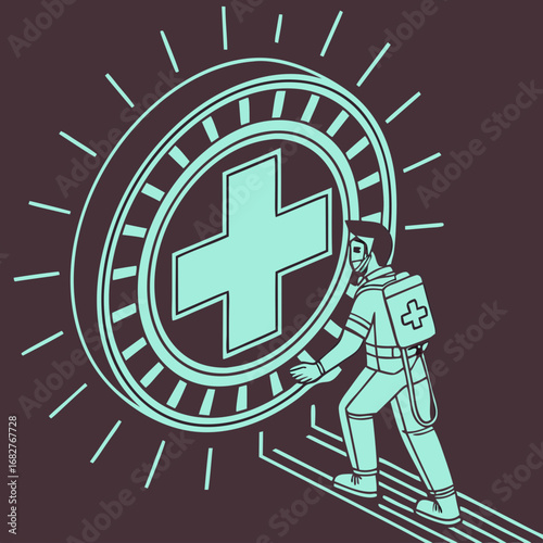 Medic Pushing Giant Medical Symbol with Backpack and Mask.