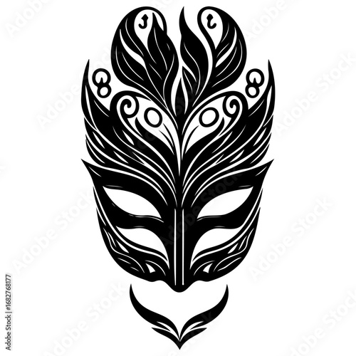 Stylized venetian carnival mask artwork featuring intricate swirls and ornamental details evokes