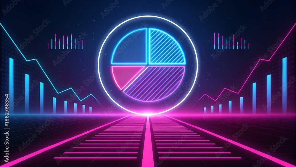 Naklejka premium Neon Data Visualization: Pie Chart and Bar Graphs in Retro Futurism Style