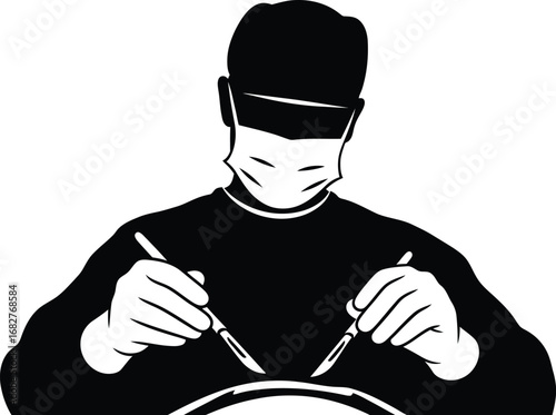 A surgeon holding surgical instruments, ready to perform a lifesaving operation with precision